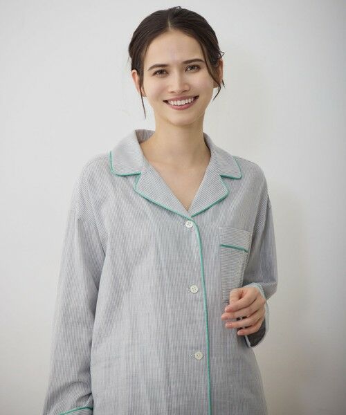 自由区 / ジユウク ルームウェア | 【WEB限定】オーガニックコットンパジャマ（グレーストライプ×グリーン）