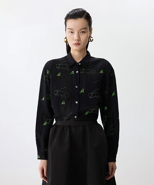 JNBY/ジェーエヌビーワイ Embroidered Cat Linen Shirt BLACK S JNBY/ジェーエヌビーワイ Embroidered Cat Linen Shirt BLACK S