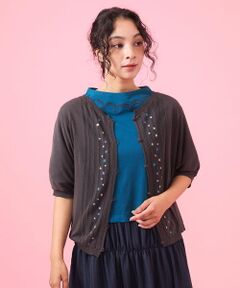 Flor フラワー刺繍クルーネックカーディガン