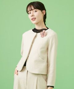 Jocomomola / ホコモモラ ノーカラージャケット | カットソーツイード コサージュ付きノーカラージャケット