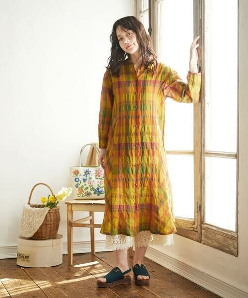 Jocomomola/ホコモモラ Vistoso シアーチェックシャツワンピース イエロー M Jocomomola/ホコモモラ Vistoso シアーチェックシャツワンピース イエロー M