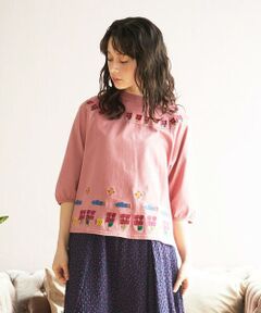 Jocomomola / ホコモモラ カットソー | Verde pera 刺繍半端袖カットソー