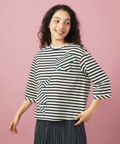 Jocomomola / ホコモモラ カットソー | シルケット天竺フラワーボーダーアップリケTシャツ