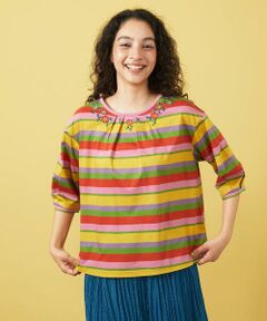 Jocomomola / ホコモモラ カットソー | シルケット天竺フラワーボーダー刺繍Tシャツ