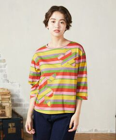 Jocomomola / ホコモモラ カットソー | シルケット天竺フラワーボーダーアップリケTシャツ