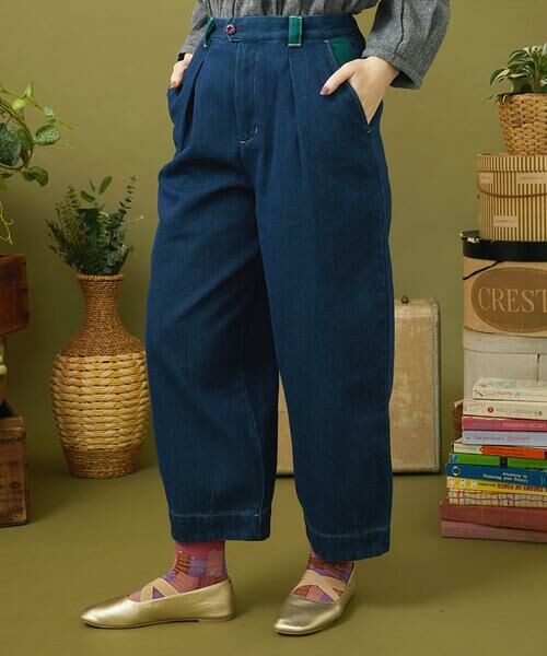 Jocomomola / ホコモモラ ショート・ハーフ・半端丈パンツ | Reflejo 配色デニムパンツ(グリーン)