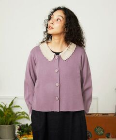 Jocomomola / ホコモモラ カーディガン・ボレロ | Encaje 配色レース襟ニットカーディガン