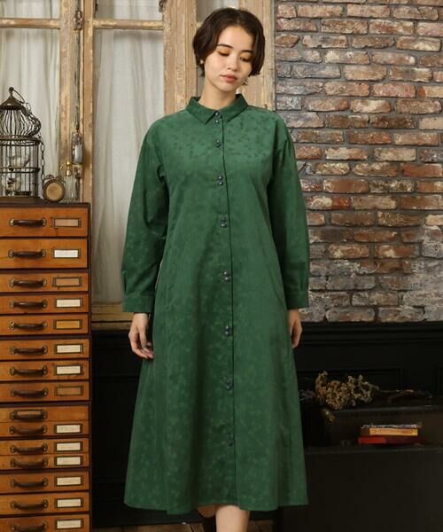 Jocomomola/ホコモモラ コーデュロイオパールプリントシャツワンピース グリーン M