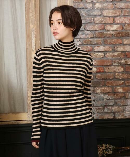 Jocomomola/ホコモモラ 【2WAY】LANA BLENDハイネックリブニット ブラック×アイボリーボーダー M