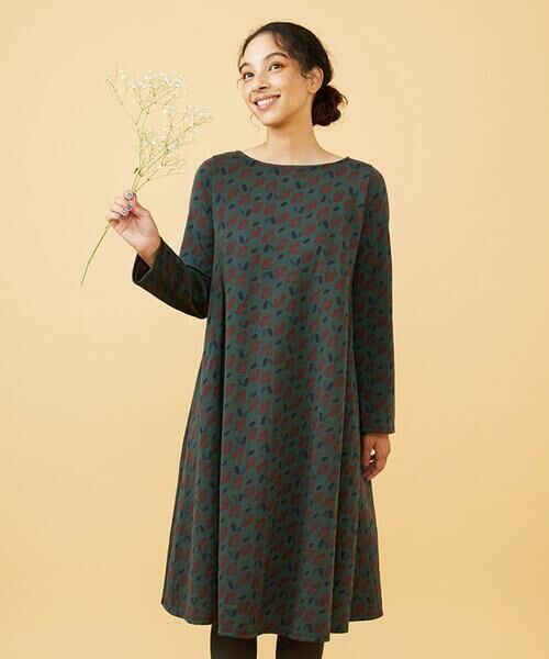 Jocomomola/ホコモモラ Cruce ジャカード リーフ×フラワー柄ワンピース グリーン M