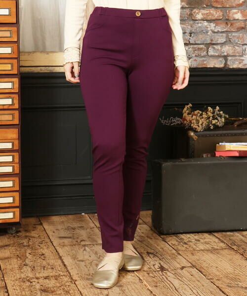 Jocomomola/ホコモモラ フラワー刺繍入り裏起毛レギンスパンツ パープル L