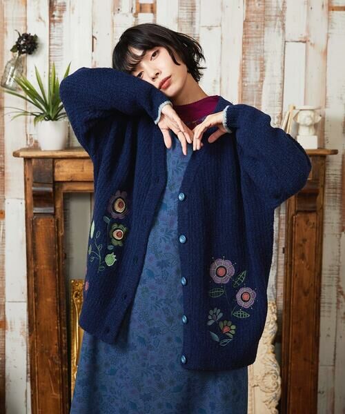 Jocomomola/ホコモモラ Calle de Bordadores フラワーモチーフニットカーディガン ネイビー M Jocomomola/ホコモモラ Calle de Bordadores フラワーモチーフニットカーディガン ネイビー M