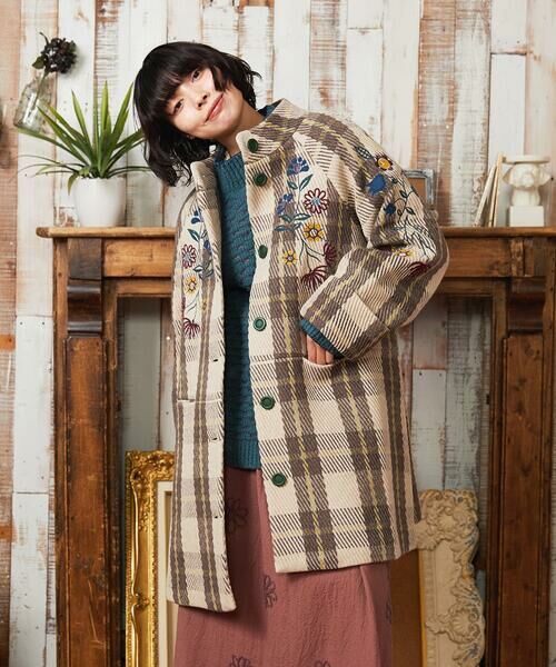 Jocomomola / ホコモモラ その他アウター | Calle de Bordadores チェック×フラワー刺繍コート | 詳細14