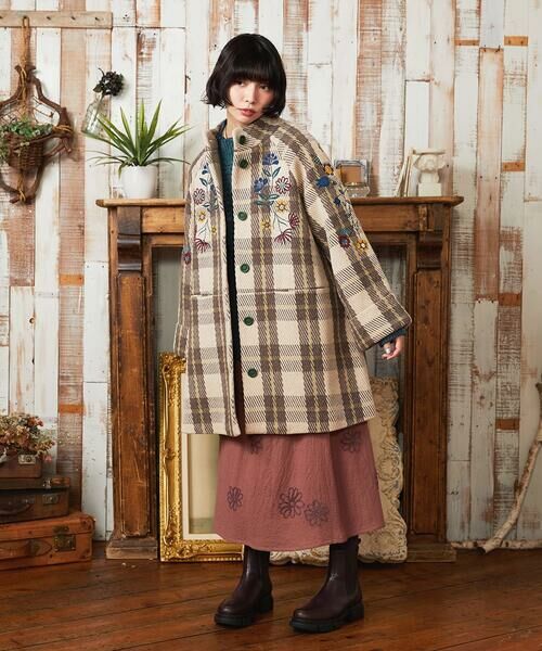 Jocomomola / ホコモモラ その他アウター | Calle de Bordadores チェック×フラワー刺繍コート | 詳細15