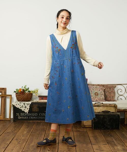 Jocomomola / ホコモモラ ロング・マキシ丈ワンピース | El galgo フラワー刺繍デニムノースリーブジャンパースカート | 詳細5