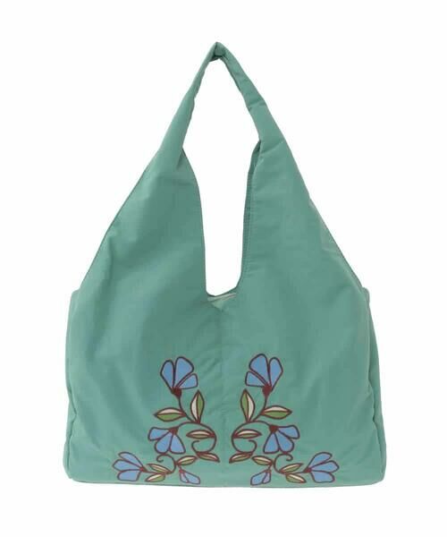 Jocomomola / ホコモモラ トートバッグ | フラワー刺繍ナイロントートバッグ（グリーン）