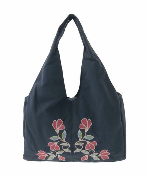 Jocomomola / ホコモモラ トートバッグ | フラワー刺繍ナイロントートバッグ（ネイビー）