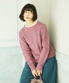 Jocomomola / ホコモモラ ニット・セーター | フラワー刺繍ケーブルニットプルオーバー