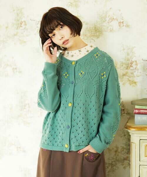 Jocomomola / ホコモモラ カーディガン・ボレロ | フラワー刺繍ケーブルニットカーディガン（グリーン）