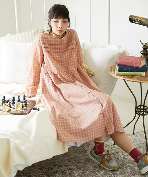 Jocomomola / ホコモモラ ロング・マキシ丈ワンピース | Puntada ギンガムチェックシャツワンピース（オレンジ）