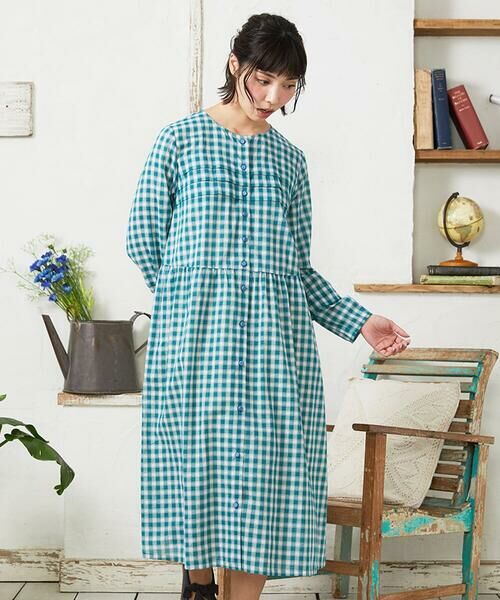 Jocomomola / ホコモモラ ロング・マキシ丈ワンピース | Puntada ギンガムチェックシャツワンピース（グリーン）
