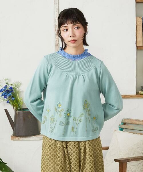 Jocomomola / ホコモモラ ニット・セーター | El Rucio フラワー刺繍ニットプルオーバー（ライトブルー）