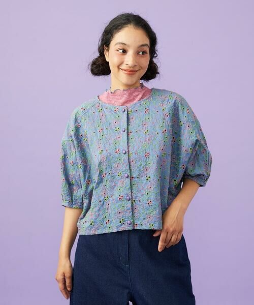 Jocomomola / ホコモモラ シャツ・ブラウス | Semilla フラワー総刺繍ブラウス（ブルー）