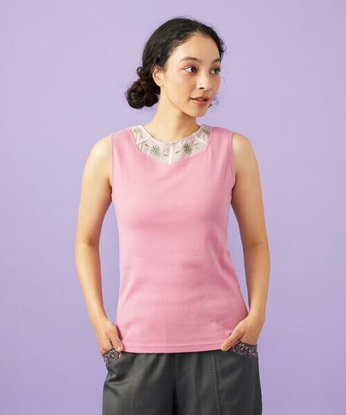 Jocomomola / ホコモモラ カットソー | 【2WAY】フラワー刺繍シフォンタンクトップ（ピンク）