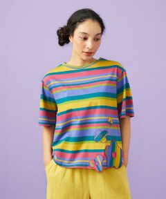 Jocomomola / ホコモモラ カットソー | シルケット天竺フラワーボーダーアップリケTシャツ