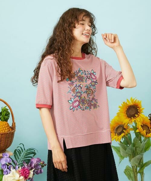 Jocomomola / ホコモモラ カットソー | 【接触冷感】Verano en La Mancha TeeフラワープリントボーダーTシャツ（レッド×アイボリー）