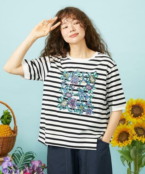 Jocomomola / ホコモモラ カットソー | 【接触冷感】Verano en La Mancha TeeフラワープリントボーダーTシャツ（ブラック×アイボリー）