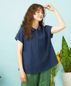 Jocomomola / ホコモモラ カットソー | Salpicar 襟付きドットジャカードフラワー刺繍カットソー