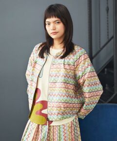 Jocomomola / ホコモモラ ノーカラージャケット | Pincelade ジャカードボーダーノーカラージャケット