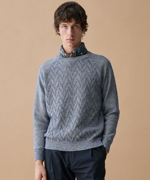 JOSEPH ABBOUD / ジョセフ アブード ニット・セーター | 【キングサイズ・エコ素材和紙使用・日本素材】和紙杢メッシュクルーネック ニット（ダルブルー系）