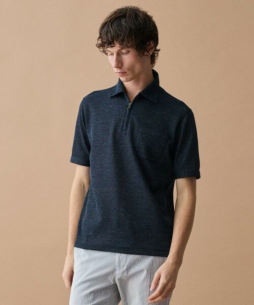 JOSEPH ABBOUD / ジョセフ アブード ポロシャツ | 【キングサイズ・フランス産リネン×日本の技術・清涼感】ノルマンディリネントップジャージ ジップ ポロシャツ（ネイビー系）