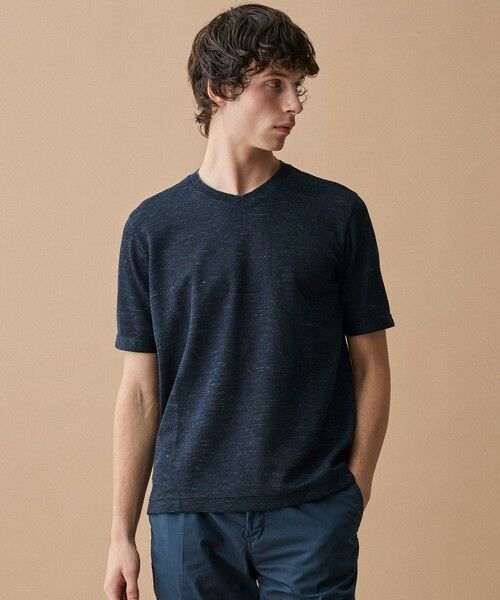 JOSEPH ABBOUD / ジョセフ アブード カットソー | 【キングサイズ・フランス産リネン×尾州の技術・清涼感】ノルマンディリネントップジャージー Vネック Tシャツ（ネイビー系）