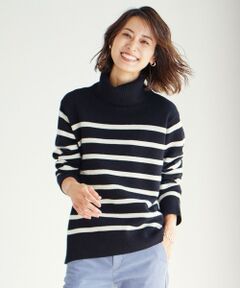 【洗える】MERINO CASHMERE オフタートル ボーダー ニット