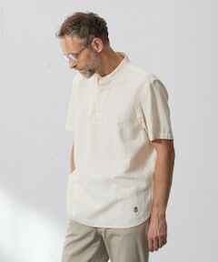 【HYBRID LINEN】ドビーストライプ バンドカラーラガーシャツ