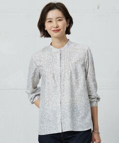 未使用級ジェイプレスJ.PRESS パネルフラワー洗えるブラウス　ネイビー セール】 【洗える】BEZ空羽ストライプ クルーネック V開き