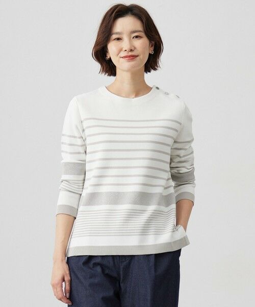 J.PRESS/ジェイプレス 【洗える】Cotton Acetate パネルボーダー プルオーバー ニット グレー系 L J.PRESS/ジェイプレス 【洗える】Cotton Acetate パネルボーダー プルオーバー ニット グレー系 L