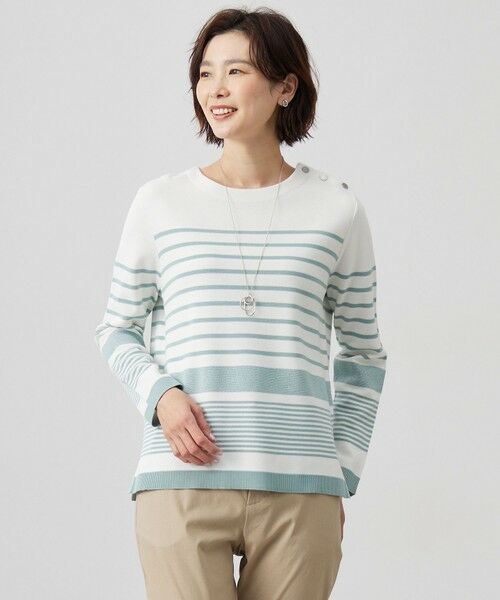 J.PRESS/ジェイプレス 【洗える】Cotton Acetate パネルボーダー プルオーバー ニット セージグリーン系1 M J.PRESS/ジェイプレス 【洗える】Cotton Acetate パネルボーダー プルオーバー ニット セージグリーン系1 M
