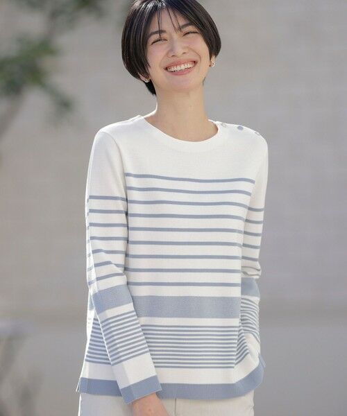 J.PRESS/ジェイプレス 【洗える】Cotton Acetate パネルボーダー プルオーバー ニット ブルー系1 M J.PRESS/ジェイプレス 【洗える】Cotton Acetate パネルボーダー プルオーバー ニット ブルー系1 M