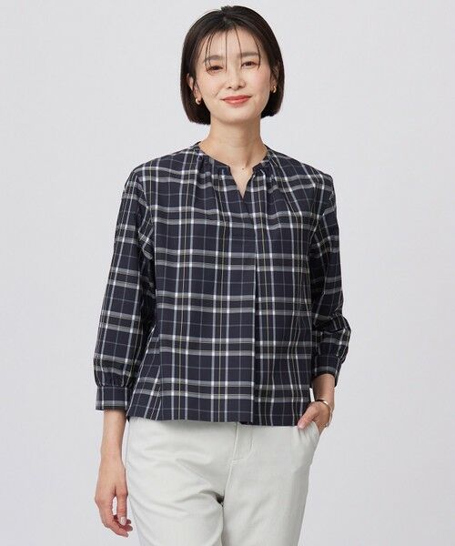 J.PRESS/ジェイプレス 【洗える】コンパクトチェック スタンドカラー ブラウス ネイビーチェック系 11 J.PRESS/ジェイプレス 【洗える】コンパクトチェック スタンドカラー ブラウス ネイビーチェック系 11
