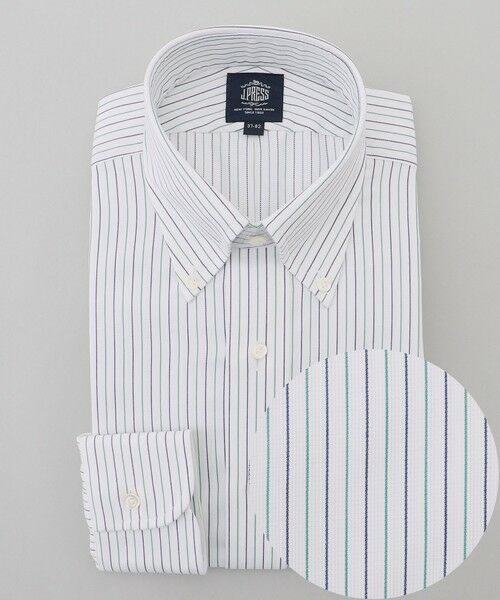 J.PRESS/ジェイプレス 【PREMIUM PLEATS / 形態安定】スーピマコットンパナマストライプ ドレスシャツ / B.D. グリーン系1 41-85 J.PRESS/ジェイプレス 【PREMIUM PLEATS / 形態安定】スーピマコットンパナマストライプ ドレスシャツ / B.D. グリーン系1 41-85