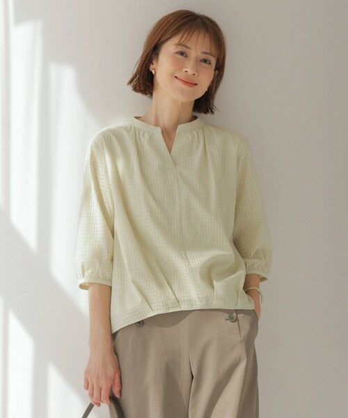 J.PRESS/ジェイプレス 【洗える】コットンブレンドチェック バンドカラー カットソー ライム系 M J.PRESS/ジェイプレス 【洗える】コットンブレンドチェック バンドカラー カットソー ライム系 M