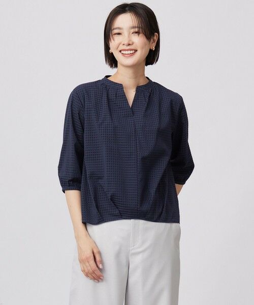 J.PRESS/ジェイプレス 【洗える】コットンブレンドチェック バンドカラー カットソー ネイビー系 L J.PRESS/ジェイプレス 【洗える】コットンブレンドチェック バンドカラー カットソー ネイビー系 L