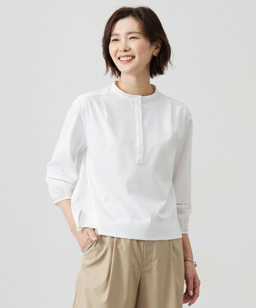 J.PRESS/ジェイプレス 【洗える】プレーティングジャージー バンドカラー カットソー ホワイト系 M J.PRESS/ジェイプレス 【洗える】プレーティングジャージー バンドカラー カットソー ホワイト系 M
