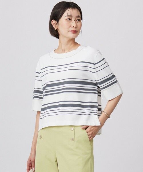 J.PRESS/ジェイプレス 【洗える】RAYON ELITE STRETCH ボーダー ニットT オフ×スレート系 L J.PRESS/ジェイプレス 【洗える】RAYON ELITE STRETCH ボーダー ニットT オフ×スレート系 L