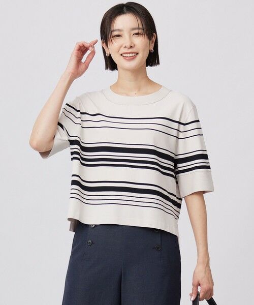 J.PRESS/ジェイプレス 【洗える】RAYON ELITE STRETCH ボーダー ニットT ベージュ×ブラック系 M J.PRESS/ジェイプレス 【洗える】RAYON ELITE STRETCH ボーダー ニットT ベージュ×ブラック系 M