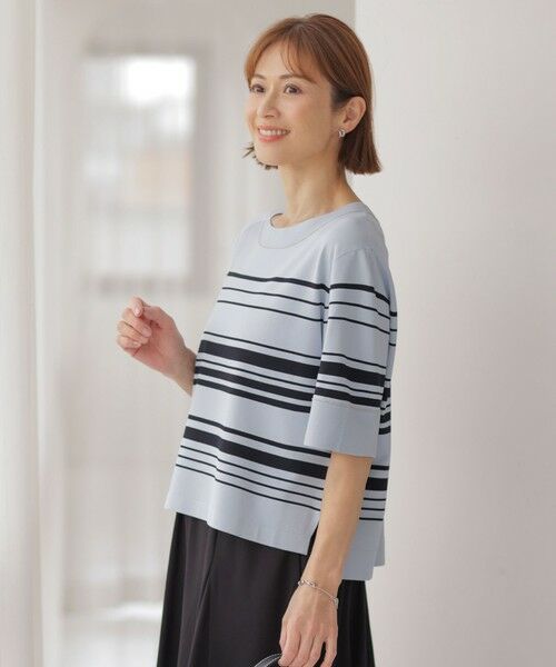 J.PRESS/ジェイプレス 【洗える】RAYON ELITE STRETCH ボーダー ニットT サックス×ネイビー系 M J.PRESS/ジェイプレス 【洗える】RAYON ELITE STRETCH ボーダー ニットT サックス×ネイビー系 M